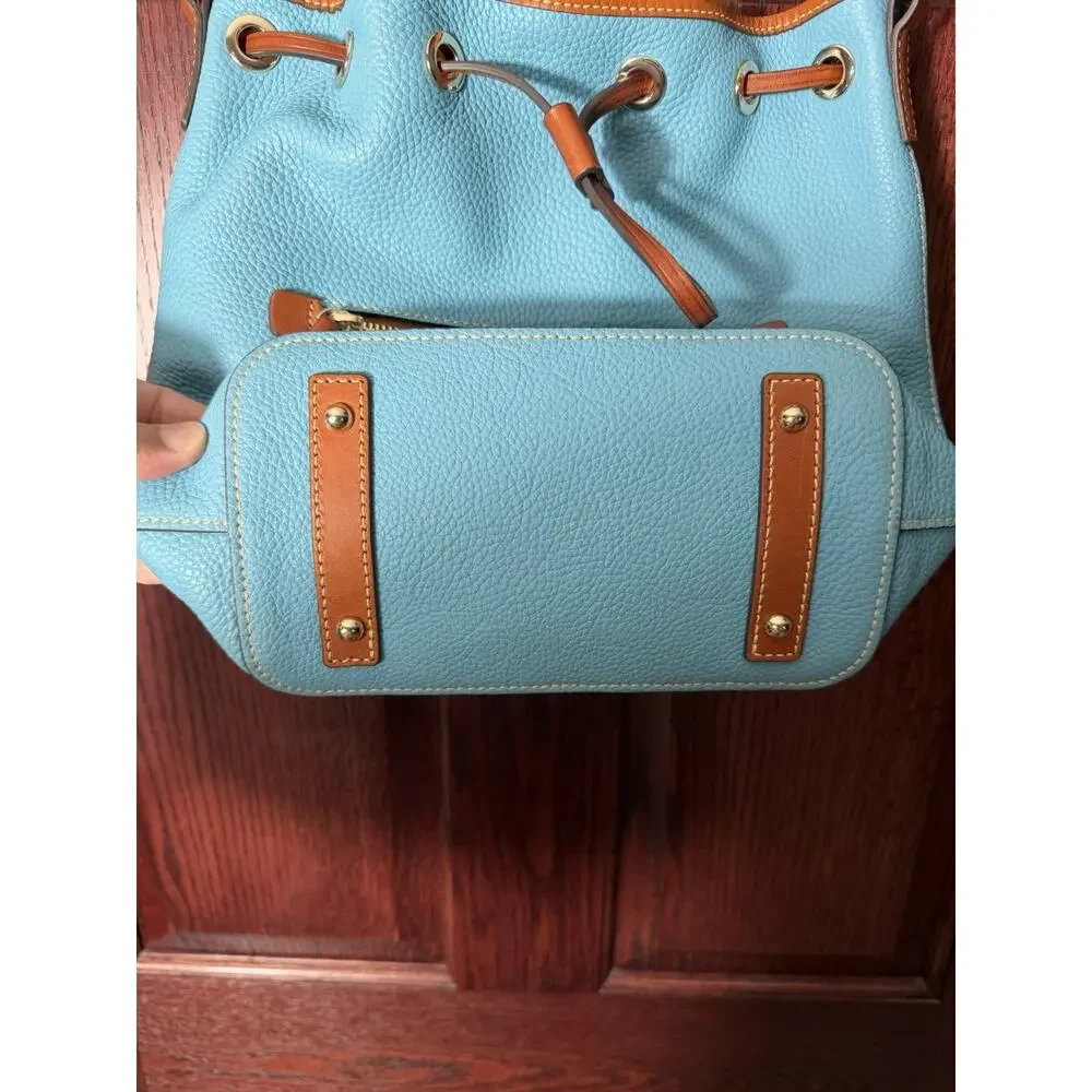 Dooney & Bourke Pebble Grain Drawstring Bucket Bag Blue Leather Red Interior